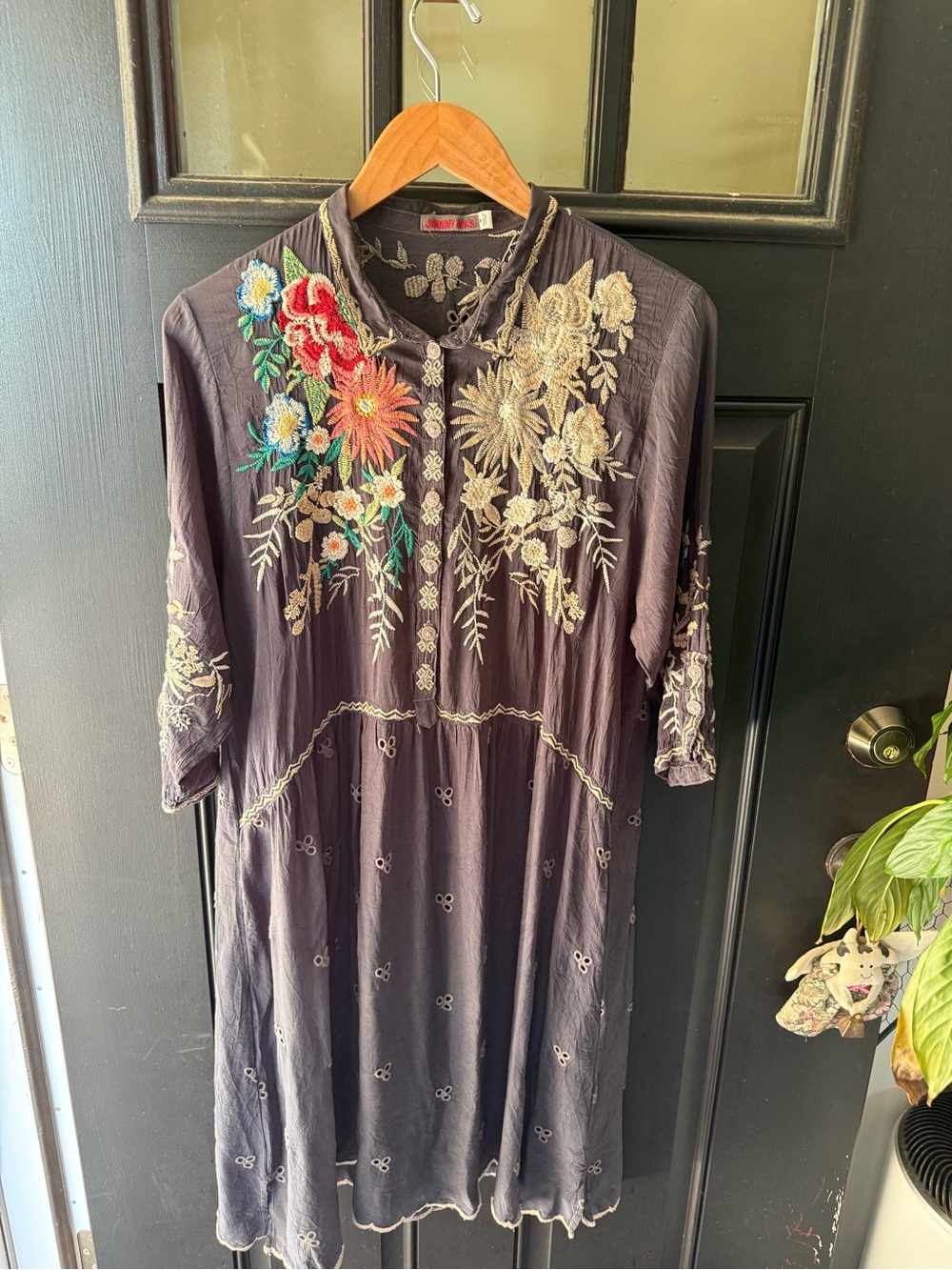 Johnny Was Black Midi Dress with Multicolor Floral Embroidery